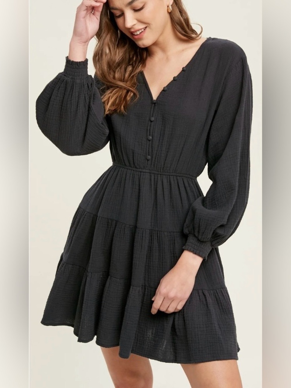 Wishlist “Kylie” Black Cotton Gauze Mini Dress w Flirty Tiered Ruffle Skirt (M)